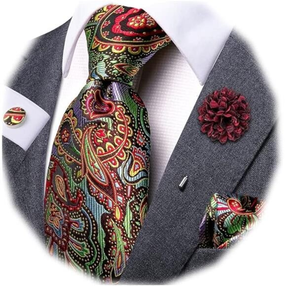 Mens Tie and Lapel Pin Paisley Striped Floral Necktie for Men Pocket Square - Picture 8 of 8